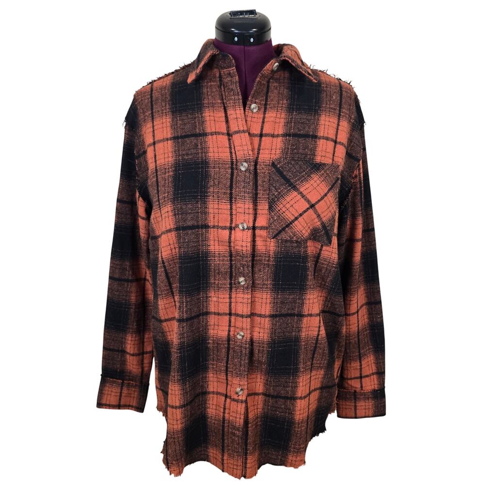 Women's La Miel Orange Black Plaid Flannel Shacket Jacket Fringe Trim | Small
